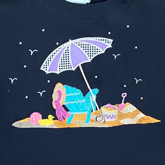 Quacker Factory Embroidered Beach Day Black Sweatshirt - Picture 2 of 6